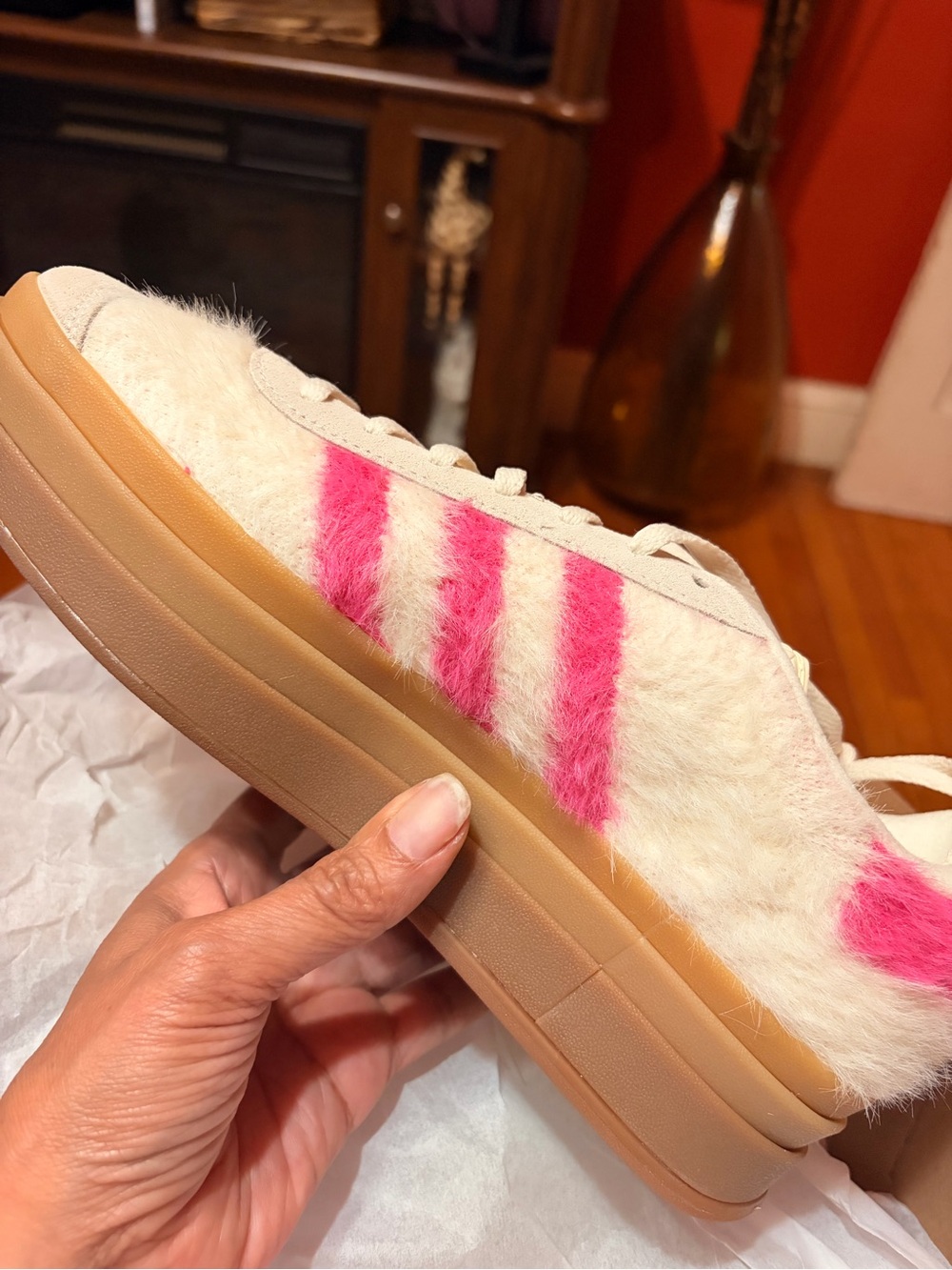 adidas Women's Cream Fuzzy Platform Sneakers with Pink Stripes